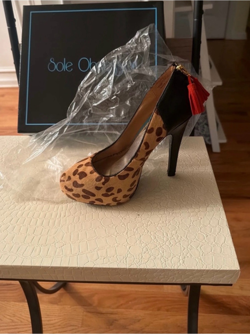 Leopard Print Platform Pump with Black Heel & Red Tassel